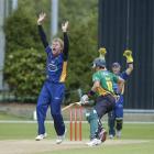 Otago Volts strike bowler Neil Wagner appeals in unison with wicketkeeper Derek de Boorder for an...