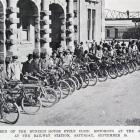 Participants in the opening run of the Dunedin Motor Cycle Club at the Dunedin Railway Station on...