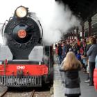 People line the platform at Dunedin Railway Station to watch the engine.