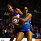 Phoenix Karaka (front) competes for the ball with Maria Tutaia of the Mystics during an ANZ...