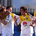 Phoenix players celebrate a goal against the Central Coast Mariners in Gosford. Photo Getty Images