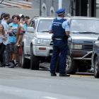 Police attend a large student party on Stafford St, Dunedin,  yesterday. Photo by Craig Baxter.