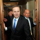 Prime Minister elect John Key and ACT leader Rodney Hide emerge after talks in Wellington today....