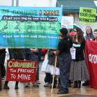 Protesters gather at the Thames War Memorial Civic Centre, where Energy and Resources Minister...
