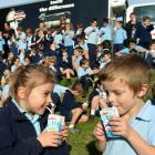 Pupils from Concord School, in Dunedin, Kaley Torr (left) and Patrick Payne (both 5) enjoy a...