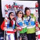 Queenstown skier Taylor Rapley  (far right) celebrates winning junior third place, and being 11th...