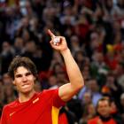 Rafael Nadal celebrates after defeating Argentina's Juan Martin del Potro at the Olympic Stadium...
