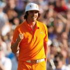 Rickie Fowler of the US pumps his fist after winning the Wells Fargo Championship in Charlotte,...