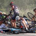 Riders and their bikes on the road following the crash during the 159.5km third stage of the Tour...