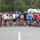 Riders await the start of the Lake Dunstan Cycle Challenge yesterday. Photo by Leith Huffadine.