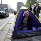 Royal enthusiast Tricia Easthope from Norfolk, England, sits in her tent across the road from the...