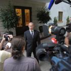 Russian President Vladimir Putin speaks to journalists at the Bocharov Ruchei state residence in...