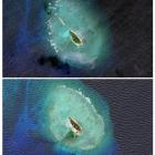 Sandy Cay  in the South China Sea is shown before 2011 (top) and after 2015, in this combination...