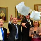 Saying farewell to Dunedin City Council papers yesterday are retiring councillors (from left)...