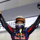Sebastian Vettel celebrates winning the Singapore Grand Prix at the Marina Bay street circuit....