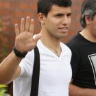 Sergio Aguero gestures as he leaves the Bridgewater Hospital following his medical ahead of...