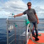 Shark Dive New Zealand director Peter Scott with his new single-man Perspex shark cage, which is...