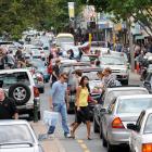 Shoppers and motorists conflict in Dunedin. Photo by Stephen Jaquiery.