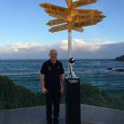 South Island football ambassador Mike McGarry with the Fifa Under-20 World Cup trophy in Bluff....