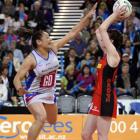 Southern Steel's Sheryl Scanlan, left, attempts to block Canterbury Tactix's Angela Mitchell's...