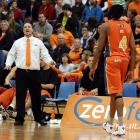 Southland Sharks coach Richard Dickel (left) gives instructions to Sharks player Martin Iti...