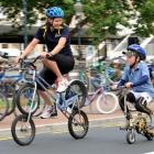 Sport Otago Green Prescription co-ordinator Nicola Shanks manages a double-decker backwards bike,...