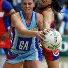 Steel goal attack Megan Dehn (left) and Mystics defender Joline Henry compete for the ball in...