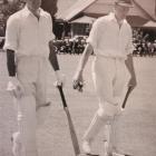 Stewart McKnight (left) going out to bat with Graham Coull, Timaru, January 1961. Photo supplied.