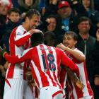 Stoke City's Peter Crouch (L) celebrates with teammates after scoring against Newcastle United....