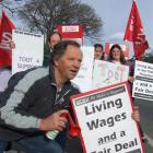 Striking Oamaru Hospital orderly Alec Tasker was vocal on the picket line in Severn St yesterday....