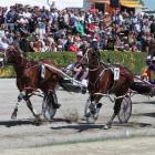 Stunin Cullen  (outer) has Ohoka Texas covered at the end of 3200m at Addington yesterday. Photo...