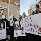 Supporters of WikiLeaks founder Julian Assange participate at a demonstration outside the Swedish...