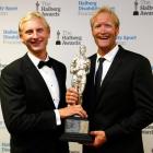 Supreme Halberg Award winners Hamish Bond (L) and Eric Murray pose with the trophy at the awards...
