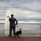Surfer Neil Swift watches the surf at St Clair after police closed the beach during yesterday's...