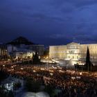 Teachers and supporters gather in front of the Greek Parliament this week  during a rally against...
