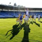 The All Blacks practise their lineout skills at Carisbrook yesterday. They trained in white as a...
