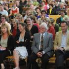The audience enjoys a joke during the forum at Macandrew Intermediate last night to discuss the...
