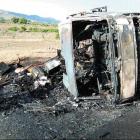 The campervan destroyed by fire after a crash near Omarama last week. Photo: NZ Police
