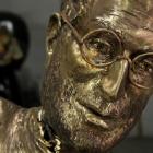 The head of a bronze statue of late Apple co-founder Steve Jobs awaits the finishing touches in...