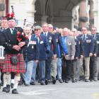 THe HMNZS Otago commemorative parade makes its way from the Dunedin Railway Station yesterday...