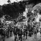 The Otago Mounted Regiment of the Expeditionary Force with service wagons at Port Chalmers. This...
