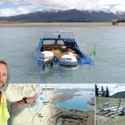 The swamped fishing boat (top) sits in Lake Tekapo yesterday on a sand bank at the Cass River...