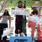 The winning halfpipe trio of Miyuki Hatanaka, of Japan (centre, first), Anais Caradeux of France ...