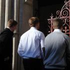 Three men charged following the Undie 500 disorder enter the Dunedin District Court yesterday....