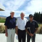Three-time US Open winner Hale Irwin is flanked by Sir Bob Charles (left) and course owner Sir...