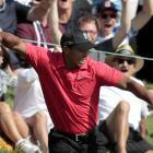 Tiger Woods reacts after chipping in for a birdie on the 16th hole during the final round of the...