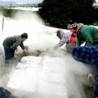 Uncovering a steam-wreathed hangi in snowy conditions at Brockville Primary School, Dunedin,...