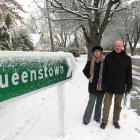 Undaunted...Arrowtown couple Ruth and Don Manley celebrated the early morning snow fall by going...