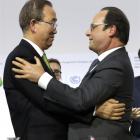United Nations Secretary-general Ban Ki-moon (left) and French President Francois Hollande...
