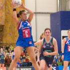 Steel centre Liana Barrett-Chase intercepts a floating pass while Melbourne Vixens wing defence...